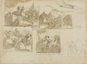 Szkice bitwy kawaleryjskiej i przednie łapy psa autorstwa Jean Louis André Théodore Géricault