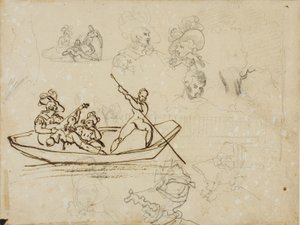 Szkice muzycznej imprezy na łodzi i kobiety w wysokim kapeluszu autorstwa Jean Louis André Théodore Géricault