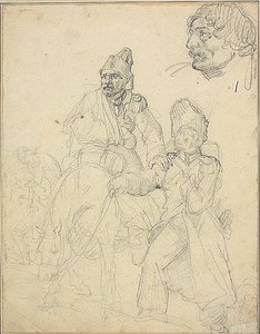 Studium grupy postaci z detalem głowy grenadiera autorstwa Jean Louis André Théodore Géricault