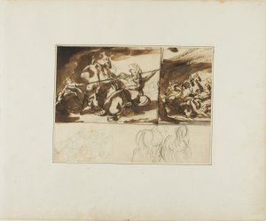 Trzy szkice bitwy jeździeckiej i szkic dwóch bitew jeździeckich autorstwa Jean Louis André Théodore Géricault