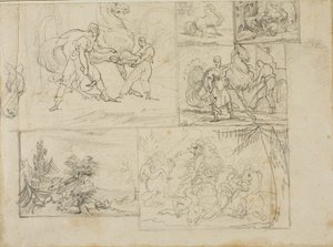 Trzy studia ze szkicami zalesionego krajobrazu i bitwy kawalerii autorstwa Jean Louis André Théodore Géricault