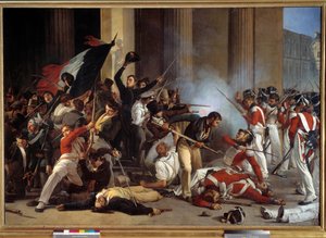 Rewolucja 1830 r.: „”Podczas trzech chwalebnych lat, zdobycie Luwru 29.07.1830 i masakra szwajcarskich gwardzistów”” Obraz Jeana Louisa Bezarda (1799-apres 1861) 1830 nd. 1,76 x 2,45 m Paryż, Muzeum Carnavalet - Rewolucja 1830: „” Zdobycie Luwru