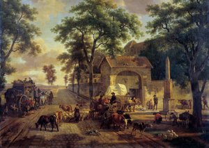 Droga krajobrazowa z wozem chłopów, stad i pasterzy. Obraz Jean Louis Demarne (1744-1829) XIX wiek. Ciemny. 0,5x0,61m.