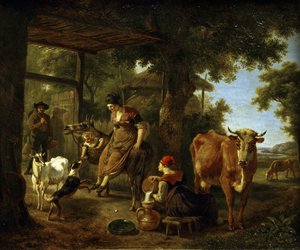 W gospodarstwie. Scena z życia na wsi par Demarne, Jean-Louis (Jean Louis de Marne ou de Marnette) (ok. 1752-1829). Olej na płótnie, II poł. XVIII w., Państwowe Muzeum Sztuki im. A. Radishcheva, Saratów