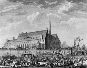Rewolucja Francuska: Król Ludwik XVI przybywa ze swoją rodziną (Marią Antoniną, delfinem Ludwikiem Karolem z Francji lub Ludwikiem XVII i Marią Teresą znaną jako „Madame Royale”) w Paryżu 6 października autorstwa Jean Louis II (after) Prieur