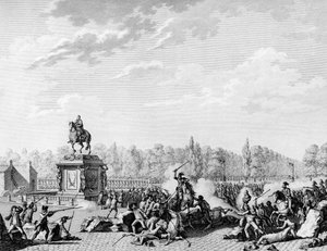 Rewolucja Francuska: Place Ludwika XV, smoki Karola Eugeniusza de Lorraine, księcia Lambesc (1754-1825) załadowały orszak niosący popiersia Jacquesa Neckera (1732-1804) i księcia Orleanu 12 lipca 1789. Grawerowanie wykonane przez Berthauta po przeor. Paryż