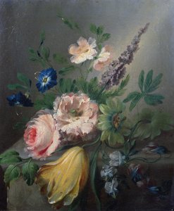 Martwa natura z róż, passiflory, tulipana i innych kwiatów na kamiennej półce