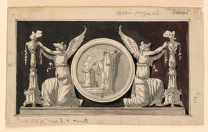 Panel dekoracyjny: Medalion ze sceną poświęcenia między dwoma zwycięstwami zdobiący kandelabry autorstwa Jean Louis Prieur the Younger