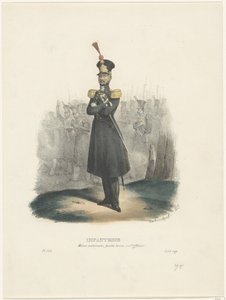 Oficer Milicji Narodowej, 1829 Piechota / Milicja Narodowa, rozbiór oficerski (tytuł na obiekcie) Stroje belgijskie: starożytne i współczesne, wojskowe, cywilne i religijne, 1830 (tytuł serii) autorstwa Jean Louis Van Hemelryck