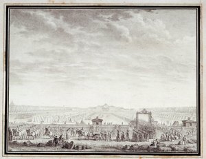 Rewolucja francuska: „”Les trupes du Champ-de-Mars odlatujące do Place Louis XV: 12 lipca 1789”” Rysunek tuszem i praniem autorstwa Jean-Louis Prieur (1759-1795) XVIII wiek. Rozmiar 0,17x0,23m. Paryż, Muzeum Carnavalet