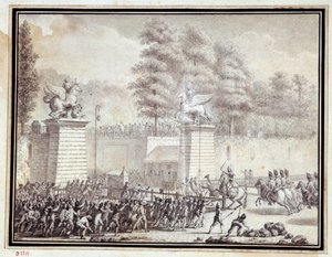 Rewolucja francuska: „” Monsieur de Lambesc wchodzący do Tuileries z oddziałem z Królewskiego Pułku Niemieckiego w dniu 12 lipca 1789”” Rysunek tuszem i praniem autorstwa Jean-Louis Prieur (1759-1795)