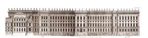 Luwr w Paryżu, projekt Gian Lorenzo Bernini: elewacja głównej fasady zwróconej w stronę Sekwany - Z „”Architecture francoise”” autorstwa Jacques-Francois Blondel - elewacja de la principale fronte cote Seine - projekt Bernina - grawer Jean Marot