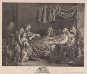 Rodzina wokół chorego łóżka La Dame Bienfaisante (tytuł na obiekcie) autorstwa Jean Massard