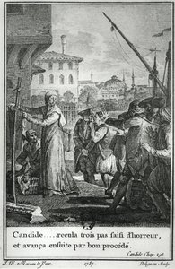 Kandyd ... cofnął się o trzy kroki w przerażeniu, a następnie przeszedł dobrą procedurą, ilustracja z rozdziału 29 Kandyda Francoisa Voltaire