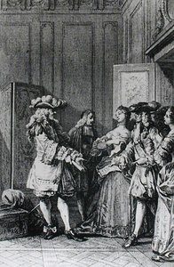 Ilustracja z LImpromptu de Versailles Moliera (1622-73) rytowana przez D. Nee autorstwa Jean Michel the Younger Moreau