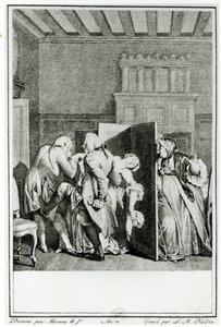 Baron… zasalutował Kandydowi kilkoma godnymi uwagi kopniakami w zamek i wypędził go za drzwi, ilustracja z rozdziału 1 Kandyda autorstwa Francois Voltaire (1694-1778) rytowana przez Louisa Michela Halbou ( autorstwa Jean Michel the Younger Moreau