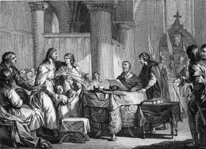 Abdykacja Carlomana (ok. 715-754), burmistrza pałacu w Austrazji, na rzecz swego brata, Pepina III dit Pepin le Brief (714-768), 747. Rycina Jean Michel Moreau, dit Moreau le Jeune ( 1741-1814) autorstwa Jean Michel the Younger Moreau