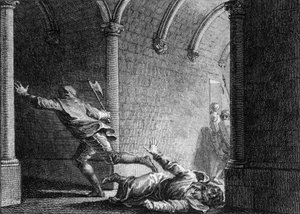 Zamach na Ebroina, burmistrza Neustria Palace, 681: został zabity siekierą przez Hermanfroi, lorda, któremu obrabował swoją własność. Grawer Jean Michel Moreau, dit Moreau le Jeune (1741-1814) autorstwa Jean Michel the Younger Moreau