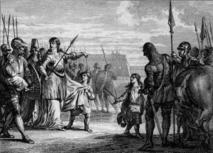 Charles Martel wysłany do więzienia, 714: Plectrude (ok. 650-717), wdowa po Pepin de Herstal, wysłała młodego Karola Martela (688-741) do więzienia, aby usunąć go z władzy. Grawer Jean Michel Moreau, dit Moreau le Jeune (1741-1814) autorstwa Jean Michel the Younger Moreau