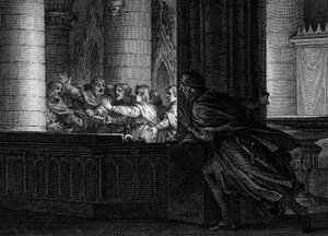 Spisek przeciwko Karolowi Wielkiemu, 792: lord zaskakuje rozmowę spiskowców planujących zabójstwo króla Franków. Wśród nich Pepin Bossu (769-811), syn Karola Wielkiego. Grawer Jean Michel Moreau, dit Moreau le Jeune (1741 autorstwa Jean Michel the Younger Moreau