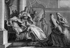 Emma z Francji (894-934), siostra Huguesa Wielkiego (897-956), upada na twarz. Mariee ma Raoula z Burgundii (lub Rodolphe, 890-936), postanowiła na prośbę brata podarować mężowi koronę Francji, deklarując „lepiej ją pocałuj”. autorstwa Jean Michel the Younger Moreau