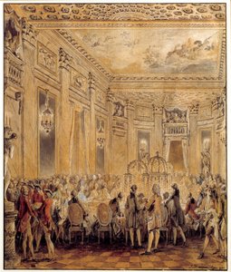 Uroczystość wydana przez Jeanne Becu, hrabinę (lub panią) Barry (1743-1793), kochankę Ludwika XV, na zamku Louveciennes 2 września 1771 r. Akwarela Jean Michel Moreau le Jeune (1741-1814). Słońce 0,31x0,26 m Paryż, musee du Louvre autorstwa Jean Michel the Younger Moreau