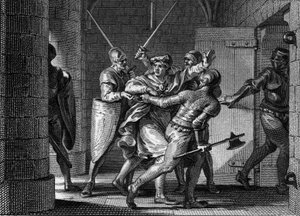 Uwięzienie Karola III Prostego (879-929), 923: Wierząc, że może znaleźć schronienie u Herberta z Vermandois, były król Franków został przez niego zdradzony i wysłany do więzienia. Grawer Jean Michel Moreau, dit Moreau le Jeune (1741-1814) autorstwa Jean Michel the Younger Moreau