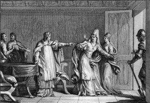 Ludwik V Faineant (966-987), król Franków, wydala swoją matkę, królową Włoch Emmę (945-988), oskarżoną o otrucie swojego męża, króla Lothaire (941-986), 987. Rycina Jean Michel Moreau , dit Moreau le Jeune (1741-1814) autorstwa Jean Michel the Younger Moreau