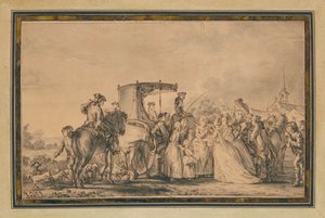 Maria Antonina, wysiadająca z powozu i otoczona orszakiem, pocieszająca wieśniaka, 1773 autorstwa Jean Michel the Younger Moreau