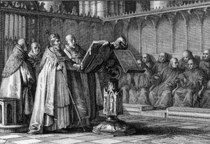 Robert II Pobożny (970-1031), król Franków, śpiewający na nabożeństwie przed mównicą. Nosi koronę i trzyma swoje berło. Grawer Jean Michel Moreau, dit Moreau le Jeune (1741-1814) autorstwa Jean Michel the Younger Moreau