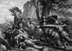 Roland zginął podczas bitwy pod Roncesvaux między armią Karola Wielkiego a armią Saracenów. 778. Grawer Jean Michel Moreau, dit Moreau le Jeune (1741-1814) autorstwa Jean Michel the Younger Moreau
