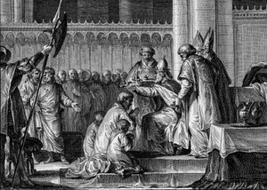 Sacred Pepin the Brief (714-768), Bazylika Saint Denis, 28 lipca 754: Papież Stefan II konsekrował go na króla Franków i Patrice of the Romans (Patricius Romanorum). U jego boku dwaj synowie, Carloman i Charles (przyszły Karol Wielki). Rytownictwo