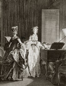 Saint Preux i Claire przy klawesynie w „Julie ou la nouvelle Heloise” szwajcarskiego filozofa Jeana Jacquesa (Jean-Jacques) Rousseau (1712-1778) - rycina Moreau le jeune, Jean Michel (1741-1814) (św. -Preux, siada przy klawesynie, całuję autorstwa Jean Michel the Younger Moreau