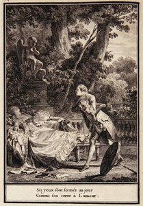 „Jej oczy są zamknięte na dzień, ponieważ jej serce ma miłość”, ilustracja z „Choix de Chansons” Laborde autorstwa Jean Michel the Younger Moreau