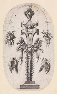 Projekt na semestr z głową kobiety, rzemienie i trofea, 1535-55. autorstwa Jean Mignon