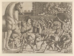 Trojanie sprowadzają drewnianego konia do swojego miasta, 1535-55. autorstwa Jean Mignon