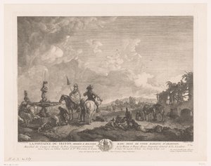 Krajobraz z postaciami przy fontannie La Fontaine du Triton (tytuł na obiekcie) Odbitki według obrazów Philipsa Wouwermana (tytuł serii) Oeuvres de Ph.pe Wouwermans Hollandois (tytuł serii)