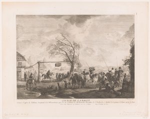 Znak pierścienia w wiejskiej karczmie Cours de la bague (tytuł na przedmiocie) Odbitki według obrazów Philipsa Wouwermana (tytuł serii) Oeuvres de Ph.pe Wouwermans Hollandois (tytuł serii) autorstwa Jean Moyreau