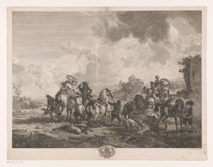Odpoczynkowe polowanie przy fontannie La Fontaine de Venus Odbitki według obrazów Philipsa Wouwermana (tytuł serii) Oeuvres de Ph.pe Wouwermans Hollandois (tytuł serii) autorstwa Jean Moyreau