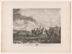 Odpoczynkowe polowanie w krajobrazie Le Conseil des Chasseurs (tytuł na obiekcie) Odbitki według obrazów Philipsa Wouwermana (tytuł serii) Oeuvres de Ph.pe Wouwermans Hollandois (tytuł serii)