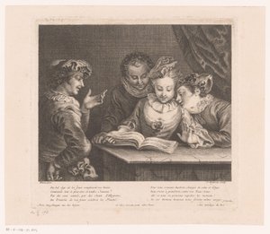 Śpiewająca młoda kobieta i trzech młodych mężczyzn przy stole Twórczość Antoine Watteau (tytuł serii) L