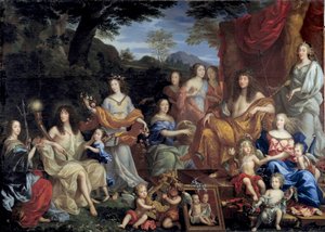 Król Ludwik XIV i jego rodzina przebierają się w postaci mitologiczne. Król po prawej, siedzący na tronie, ubrany jest w Apolla. W prawym dolnym rogu królowa Maria Teresa z Austrii jest ubrana w Juno. W centrum obrazu Królowa Matka Anna z Au