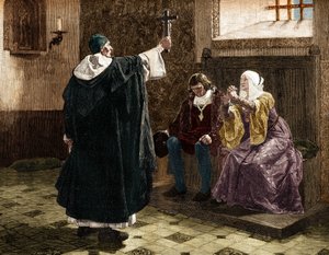 Wielki hiszpański inkwizytor, Fray Tomas de Torquemada (1420-1498), wśród królów katolickich Ferdynanda II i Izabeli I Kastylii