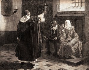 Wielki hiszpański inkwizytor, Fray Tomas de Torquemada (1420-1498), wśród królów katolickich Ferdynanda II Aragońskiego i Izabeli Kastylii