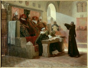 Albigeoise Inquisition: „Agitator Langwedocji Bernarda Delicieux (1260-1318), franciszkańskiego mnicha podczas procesu”. Miejsce sądu: w pierwszym rzędzie pośrodku, naprzeciw Bernarda Delicieux, wielkiego inkwizytora otaczają dwaj zakonnicy, z tyłu autorstwa Jean Paul Laurens