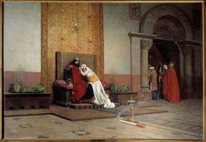 Ekskomunika Roberta II Pobożnego w 998 roku. Król Francji, syn Hugues Capeta, zakochuje się i poślubia swoją kuzynkę Berthe z Burgundii, mimo desaprobacji papieża Grzegorza V, który również go ekskomuniści. Obraz Jeana Paula Laurensa (1838 - 19 .)