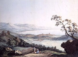 Widok Genewy z Saconex w Sabaudii, ryty Jean Philippe Linck II (1770-1812) i Jacob Philippe Hackert (1737-1807) (rycina) autorstwa Jean Philippe II (after) Linck