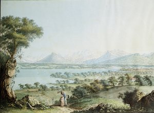 Widok Mont Blanc z Genewą na pierwszym planie, ryty przez Jean Philippe Linck II (1770-1812) i Jacob Philippe Hackert (1737-1807) autorstwa Jean Philippe II Linck