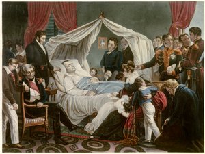 Śmierć Napoleona, 05.05.1821 w Sainte Helene Litografia Jean Pierre Marie Jazet (1788-1871) według obrazu Charlesa Auguste Steubena (1788-1856) Malmaison. Muzeum Zamkowe