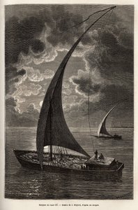 Les barques du haut Nile, zredukowana załoga i pasażerowie śpiący na pokładzie, w świetle księżyca, rycina wg rysunku J.Moyneta, ilustrująca podróż do serca Afryki w latach 1868-1871, autorstwa dr. Georgesa Schweinfurtha, opublikowana w „” Le tour du monde